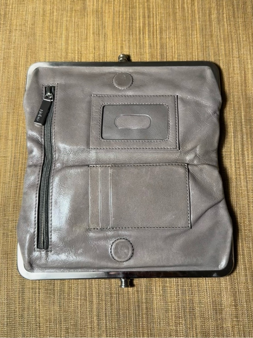 HOBO Lauren Gray Glazed Leather Double Frame Clutch - Picture 5 of 11